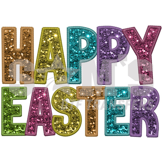 Sparkling design of the words 'HAPPY EASTER' with each letter filled with multicolored sequins, creating a festive and glamorous look.
