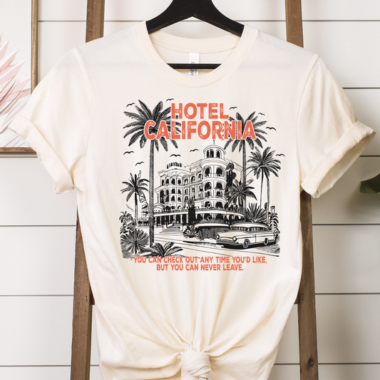 Hotel California Summer-themed DTF Transfer with retro boho palm trees and vintage car design.