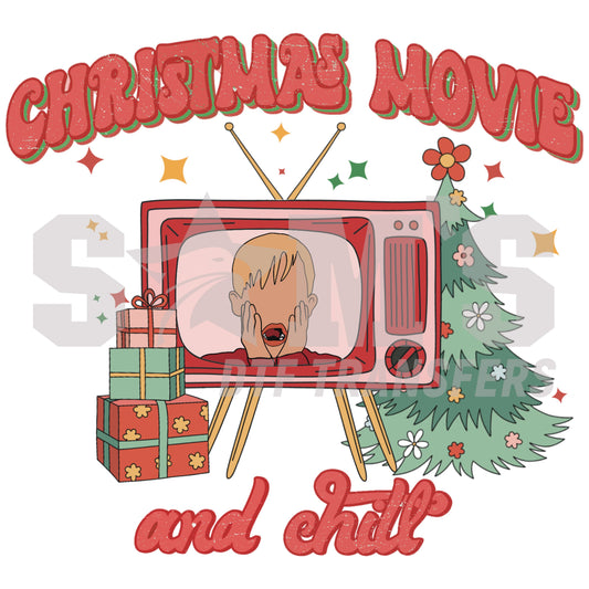 A festive design showcasing a vintage TV with a surprised character, surrounded by a Christmas tree, gifts, and the text "Christmas Movie and Chill", a premium custom DTf design by Sam's DTF Transfers.