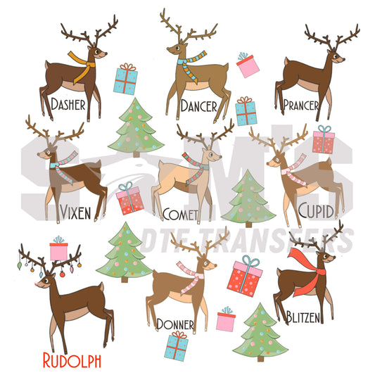 A festive representation of Santa's named reindeer with colorful scarves, gifts, and decorated trees, a premium custom DTF Design by Sam's DTF Transfers.