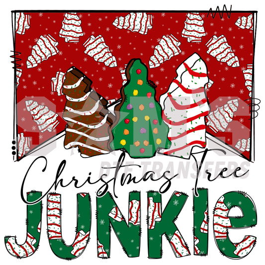 Vibrant Christmas tree illustrations with the phrase "Christmas Tree Junkie" on a red snowflake backdrop, a premium custom DTF design by "Sam's DTF Transfers".