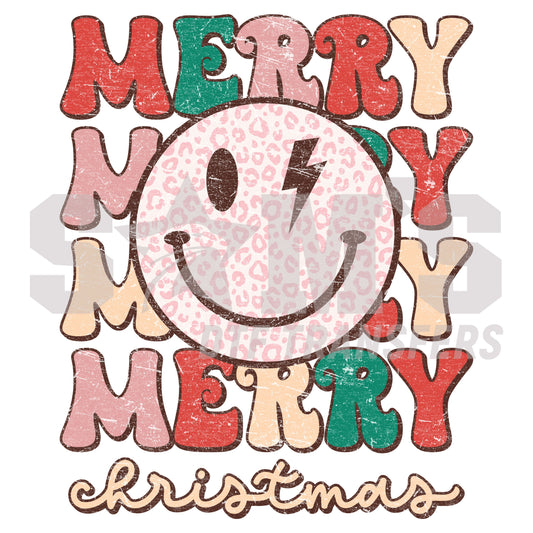 Colorful "Merry Not Merry Christmas" typography with a leopard-patterned smiling face, a premium custom DTF design by "Sam's DTF Transfers".