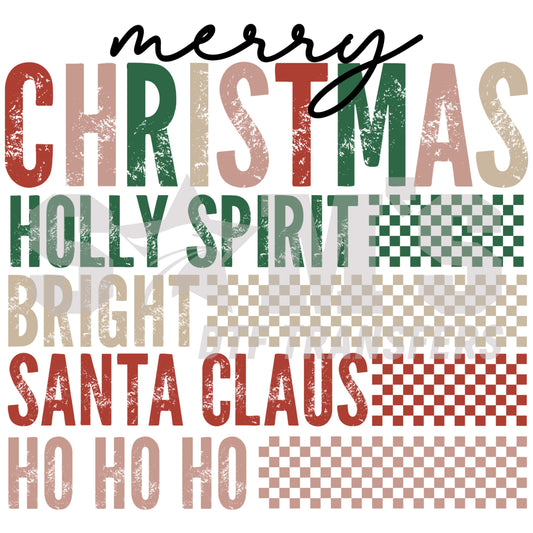 Christmas-themed design featuring phrases like "Holly Spirit", "Santa Claus", and "Ho Ho Ho" with checkered patterns, a premium custom DTF design by "Sam's DTF Transfers".