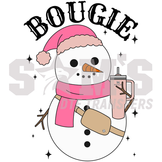 Chic snowman sporting pink winter accessories and holding a coffee mug labeled "Stanley", a premium custom DTF design by "Sam's DTF Transfers".