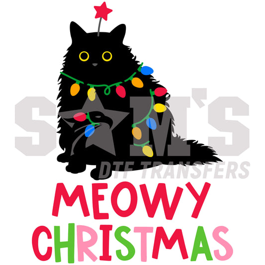 Black cat adorned with colorful Christmas lights and a star on its head and with a "meowy Christmas" text, a premium custom DTF design by Sam's DTF Transfers.