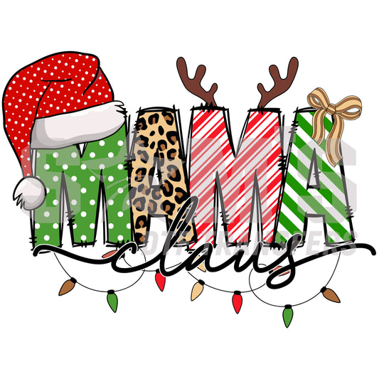 Festive "Mama Claus" typography with Santa hat, reindeer antlers, leopard print, and colorful Christmas lights, a premium custom DTF design by "Sam's DTF Transfers".