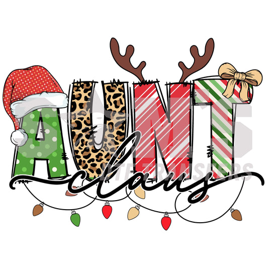 Festive "Auntie Claus" typography adorned with a Santa hat, reindeer antlers, leopard print, and colorful Christmas lights, a premium custom DTF design by "Sam's DTF Transfers".