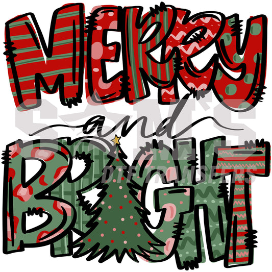 Vibrant "Merry and Bright" typography with a decorated Christmas tree and festive patterns, a premium custom DTF design by "Sam's DTF Transfers".