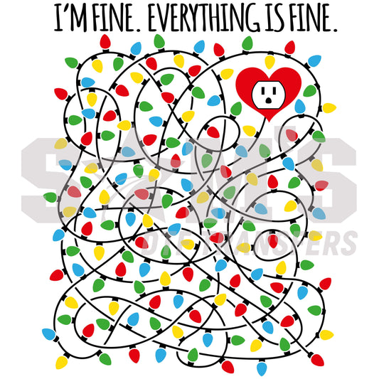 Humorous image of tangled Christmas lights with an outlet heart and the text "I'm fine. Everything is fine", a premium custom DTF design by "Sam's DTF Transfers".