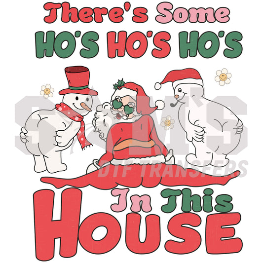 Santa Claus in red attire and stylish glasses surrounded by playful snowmen, capturing the festive Christmas spirit, a premium custom DTF design by Sam's DTF Transfers.