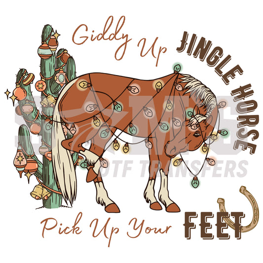 A festive horse wrapped in holiday lights with a southwestern cactus decorated for Christmas, showcasing a unique western holiday spirit with a 'Giddy up jngle Horce' and 'Pick up your feet' texts, a premium custom DTF design by Sam's DTF Transfers.