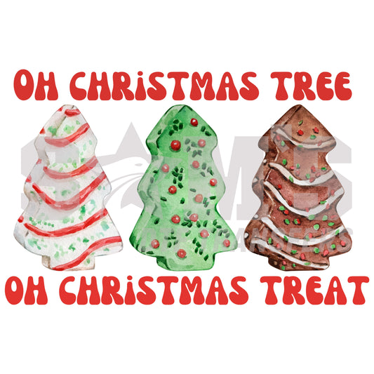 Watercolor styled Christmas trees resembling festive desserts with "Oh Christmas Tree, Oh Christmas Treat" written in bold letters, a premium custom DTF design by Sam's DTF Transfers.