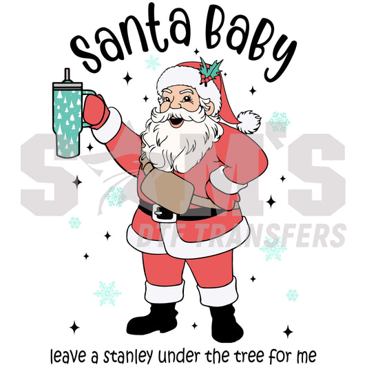 Cheerful Santa Claus holding a festive coffee cup with 'Santa Baby' text, an ideal Christmas decoration, a premium custom DTF design by Sam's DTF Transfers.