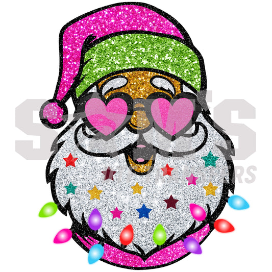 Glittery Santa with heart-shaped glasses and colorful Christmas lights, a premium custom DTF design by Sam's DTF Transfers.