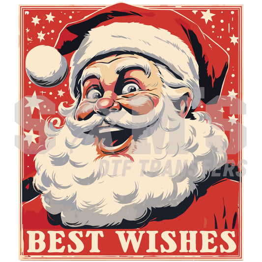 "Classic vintage Santa Claus with a 'BEST WISHES' greeting, surrounded by stars and snowflakes, a premium custom DTF design by Sam's DTF Transfers.