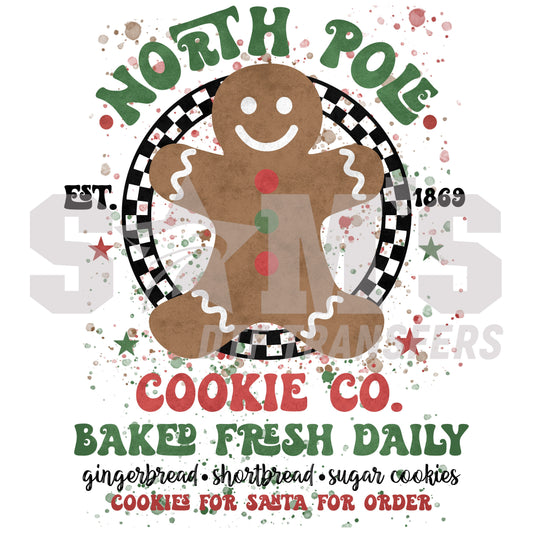 Vintage 'North Pole Cookie Co.' logo featuring a cheerful gingerbread man, established 1869, a premium custom DTF design by Sam's DTF Transfers.