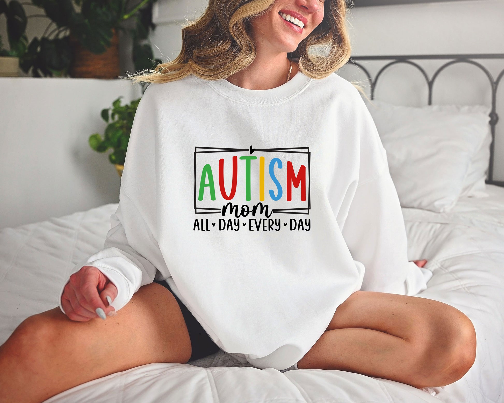 Autism Mom DTF transfer design with colorful text "Autism Mom All Day Every Day" for shirts and hoodies.