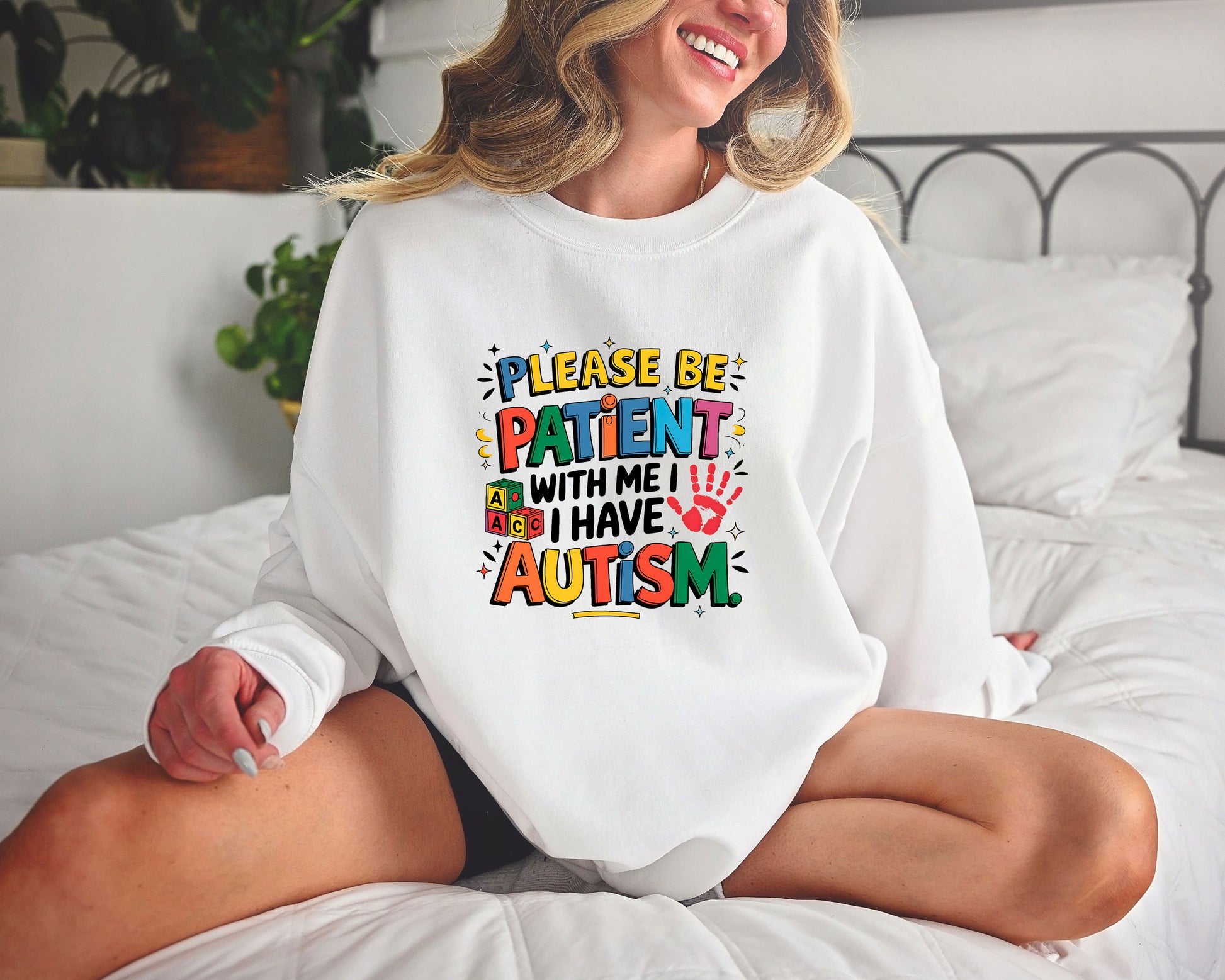 Please Be Patient With Me, I Have Autism DTF transfer design with vibrant colors and playful graphics for custom t-shirts.