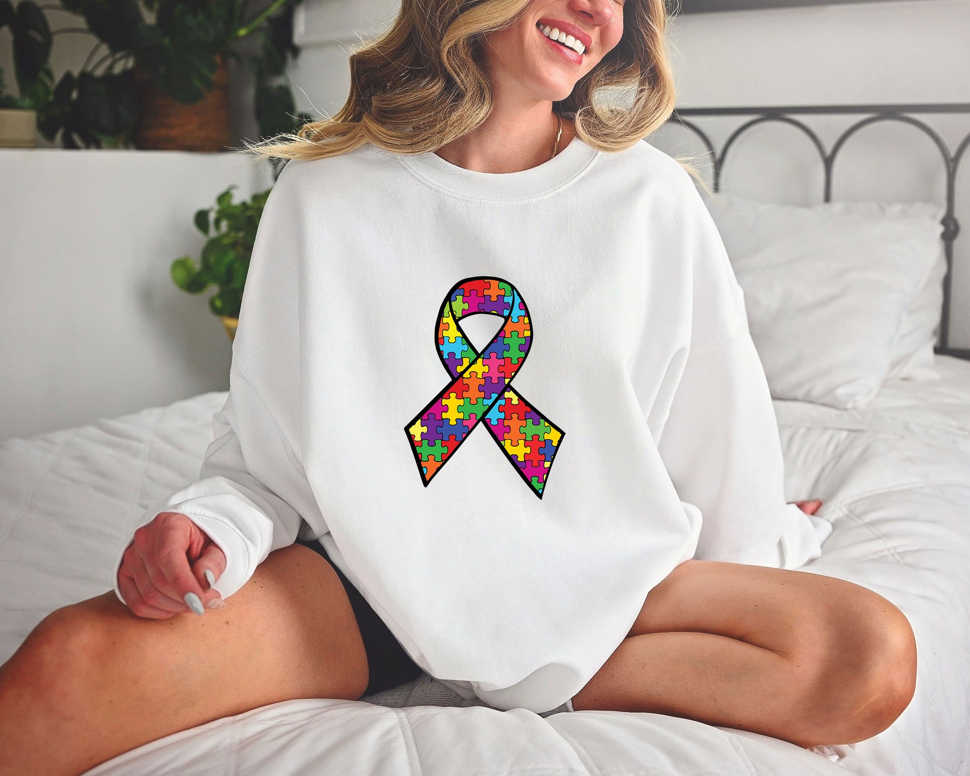 Autism awareness ribbon DTF transfer design with colorful puzzle pieces for custom t-shirts and hoodies.