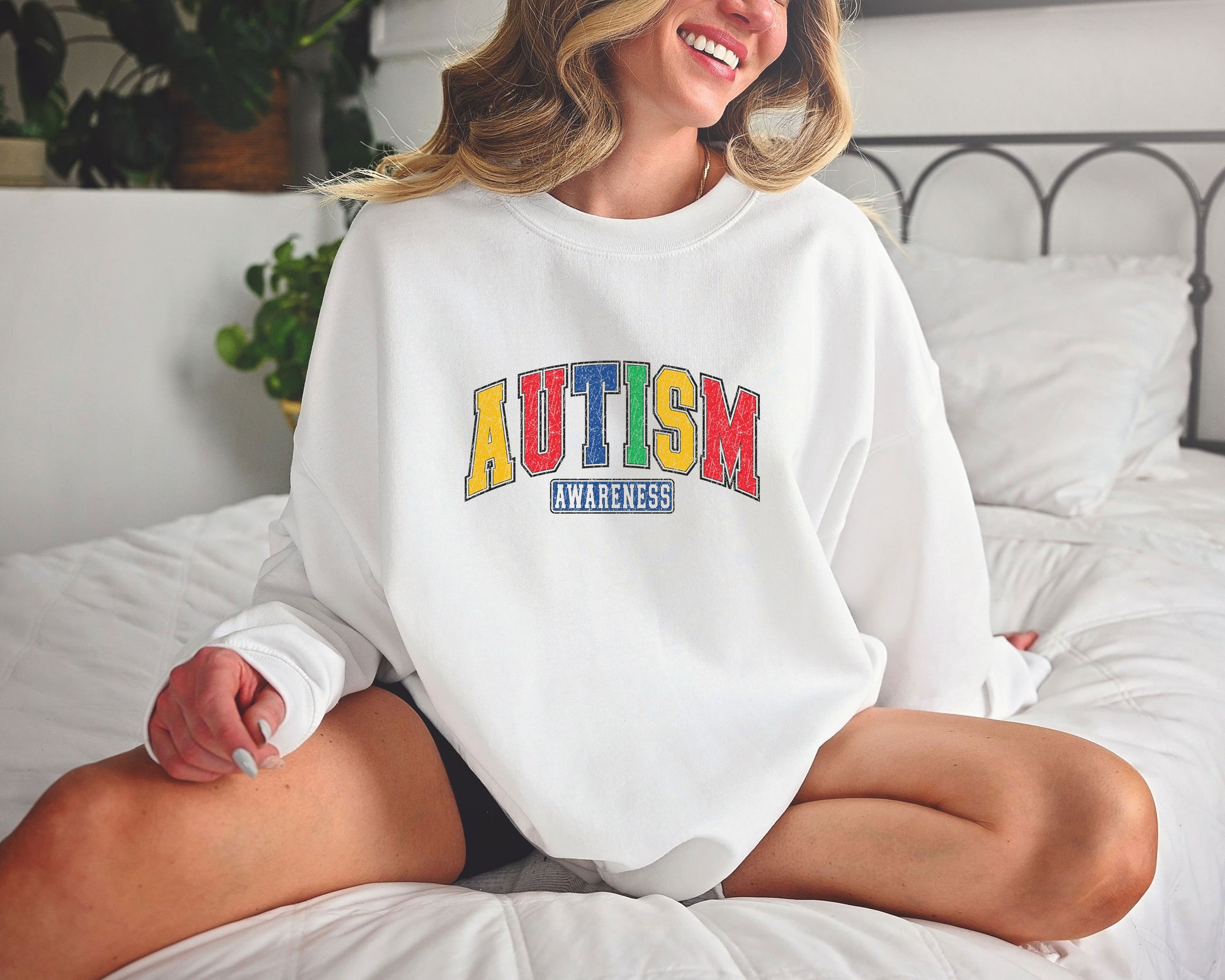 Autism Awareness DTF transfer design with colorful block letters for custom apparel.