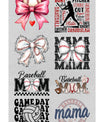 Baseball mom DTF heat transfer bundle featuring 12 stylish and bold ready-to-press designs, including game day graphics, baseball bows, team slogans, and baseball-inspired typography.