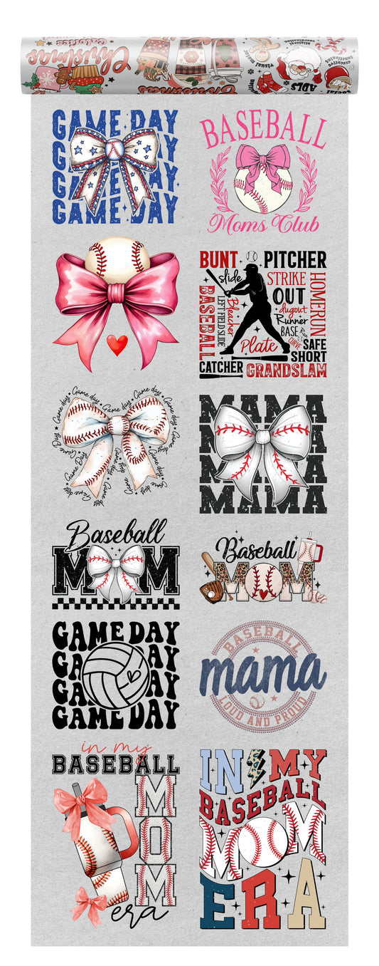 Baseball mom DTF heat transfer bundle featuring 12 stylish and bold ready-to-press designs, including game day graphics, baseball bows, team slogans, and baseball-inspired typography.