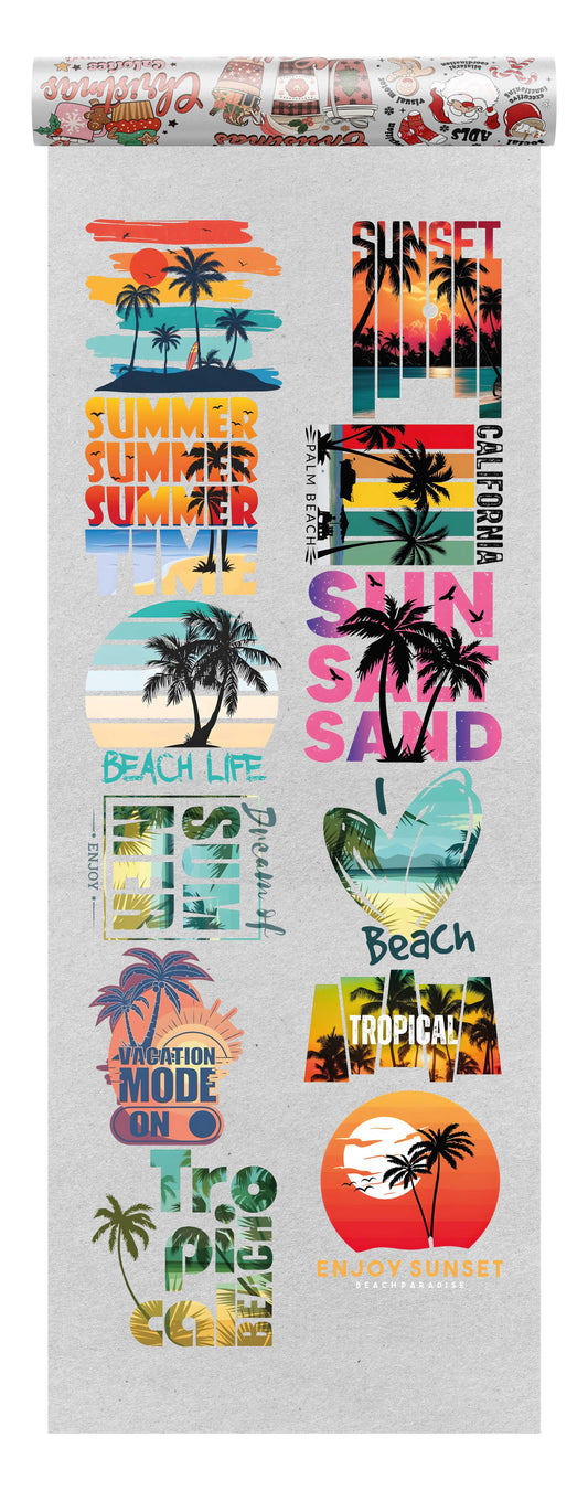 Beach-themed DTF Transfer bundle with 12 vibrant tropical and sunset designs, featuring palm trees, ocean silhouettes, and summer quotes.