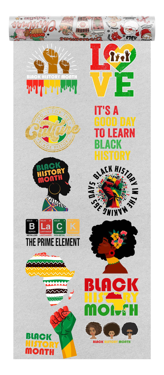 An inspiring collection of Black History Month DTF designs featuring raised fists, African patterns, and powerful messages of black pride and cultural heritage.