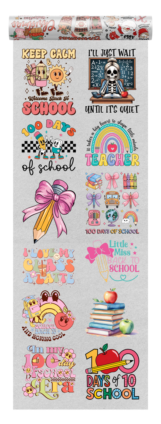 Back-to-school DTF heat transfer bundle featuring 12 colorful ready-to-press designs, including 100 days of school, teacher appreciation, fun school quotes, and classroom-themed prints.