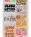 DTF transfer sheet featuring 12 colorful faith and motherhood-themed designs including quotes like “Just a Mama Who Loves Jesus,” “Blessed Mama,” and “God is Good.”