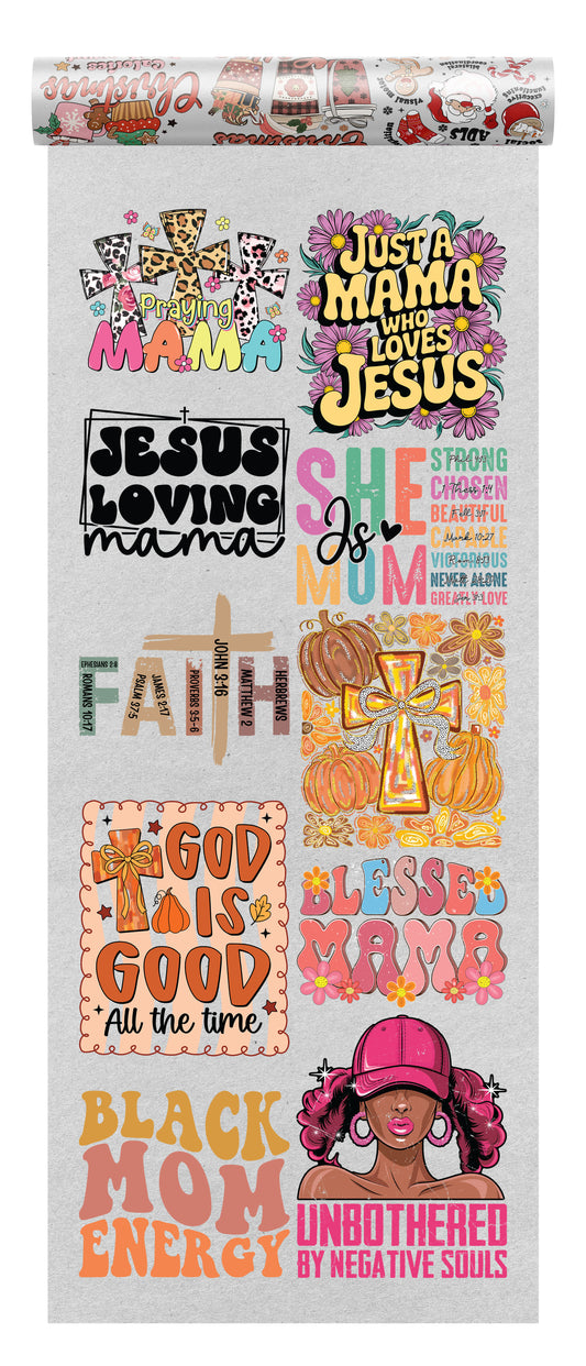 DTF transfer sheet featuring 12 colorful faith and motherhood-themed designs including quotes like “Just a Mama Who Loves Jesus,” “Blessed Mama,” and “God is Good.”