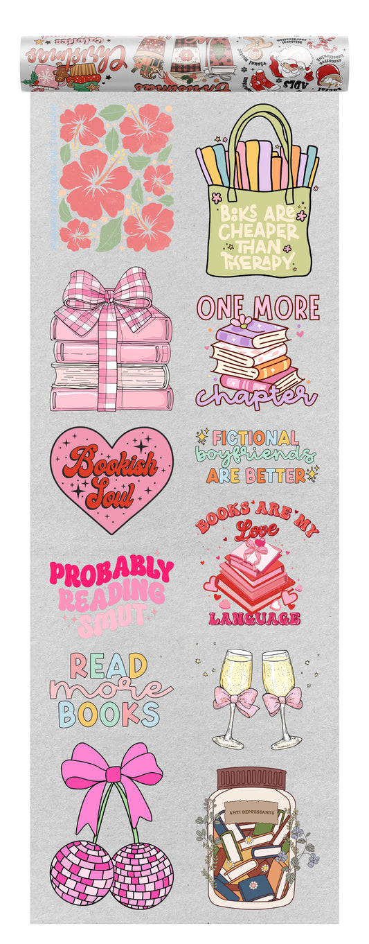 Bookworm DTF heat transfer bundle featuring 12 book-themed ready-to-press designs, including reading quotes, book stacks, bows, and aesthetic book-lover graphics.