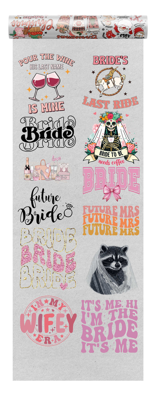 Bride DTF heat transfer bundle featuring 12 bachelorette-ready, wedding-themed designs, including fun bride quotes, bridal party graphics, and stylish typography.