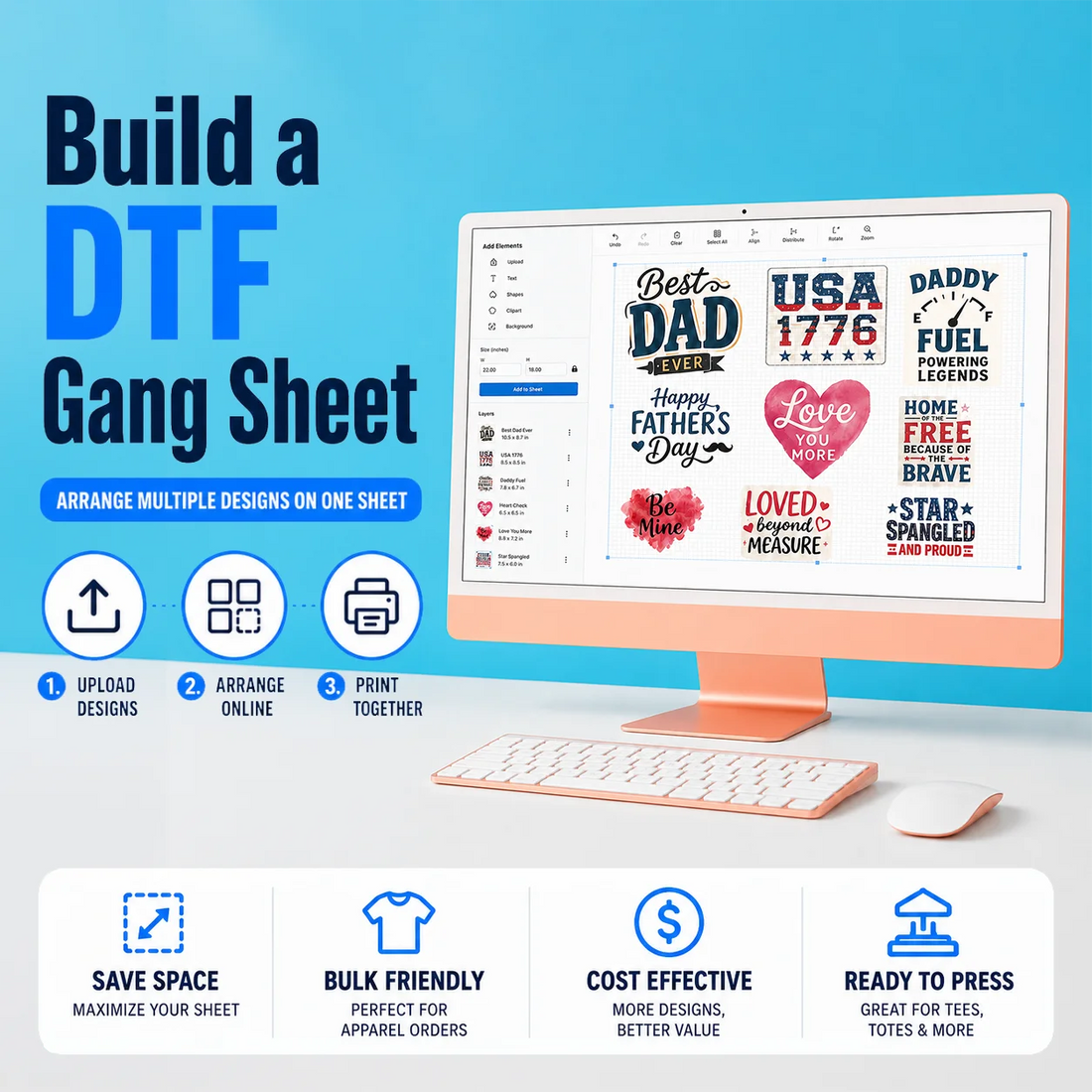 Online DTF gang sheet builder for arranging custom designs