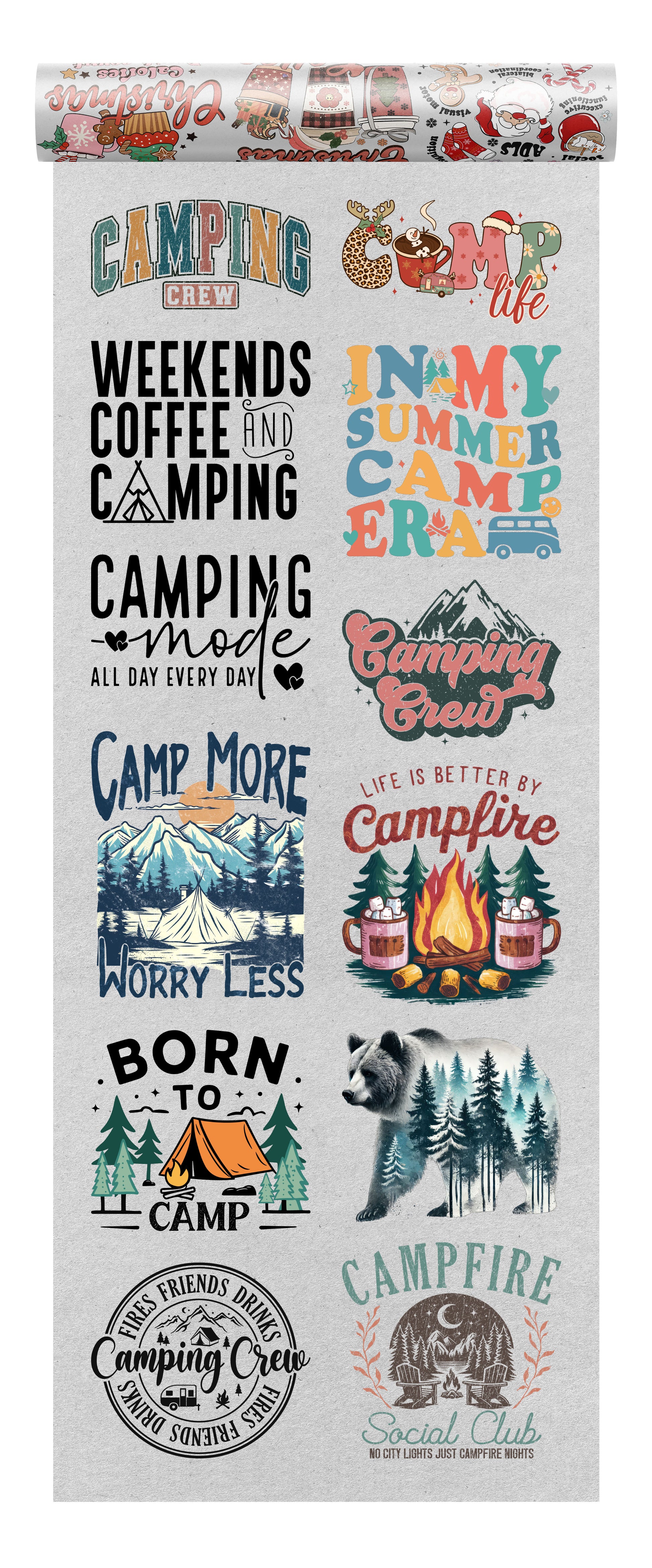 Camping DTF heat transfer bundle featuring 12 adventure-ready, camping-themed designs, including campfire graphics, mountain views, outdoor quotes, and rustic typography.