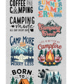 Camping DTF heat transfer bundle featuring 12 adventure-ready, camping-themed designs, including campfire graphics, mountain views, outdoor quotes, and rustic typography.