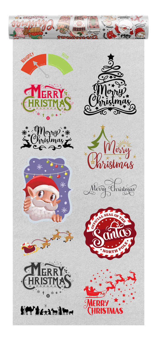 Chrristmas DTF transfers bundle with 10 designs on a transparent background, ideal for seasonal apparel.