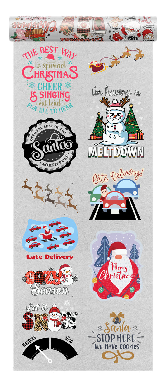 Chrristmas DTF transfers bundle with 10 designs on a transparent background, ideal for seasonal apparel.