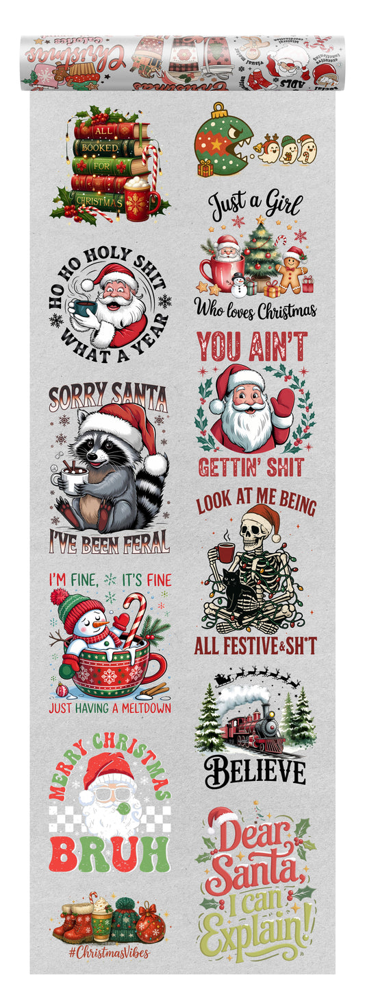 Chrristmas DTF transfers bundle with 10 designs on a transparent background, ideal for seasonal apparel.