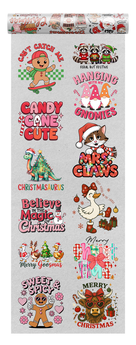 Chrristmas DTF transfers bundle with 10 designs on a transparent background, ideal for seasonal apparel.