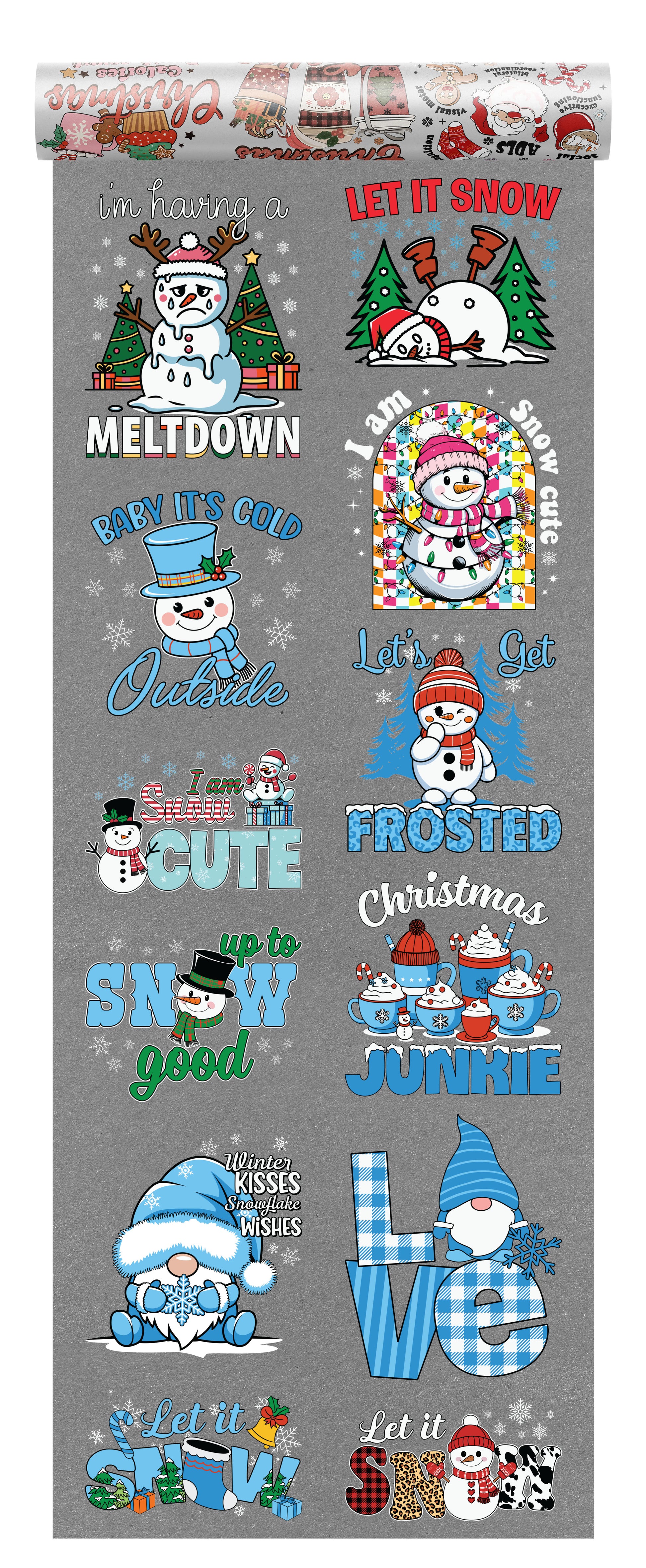 Christmas DTF transfer bundle with 10 festive winter designs featuring snowmen, gnomes, hot cocoa mugs, and Let It Snow text on a transparent background, ideal for seasonal apparel.