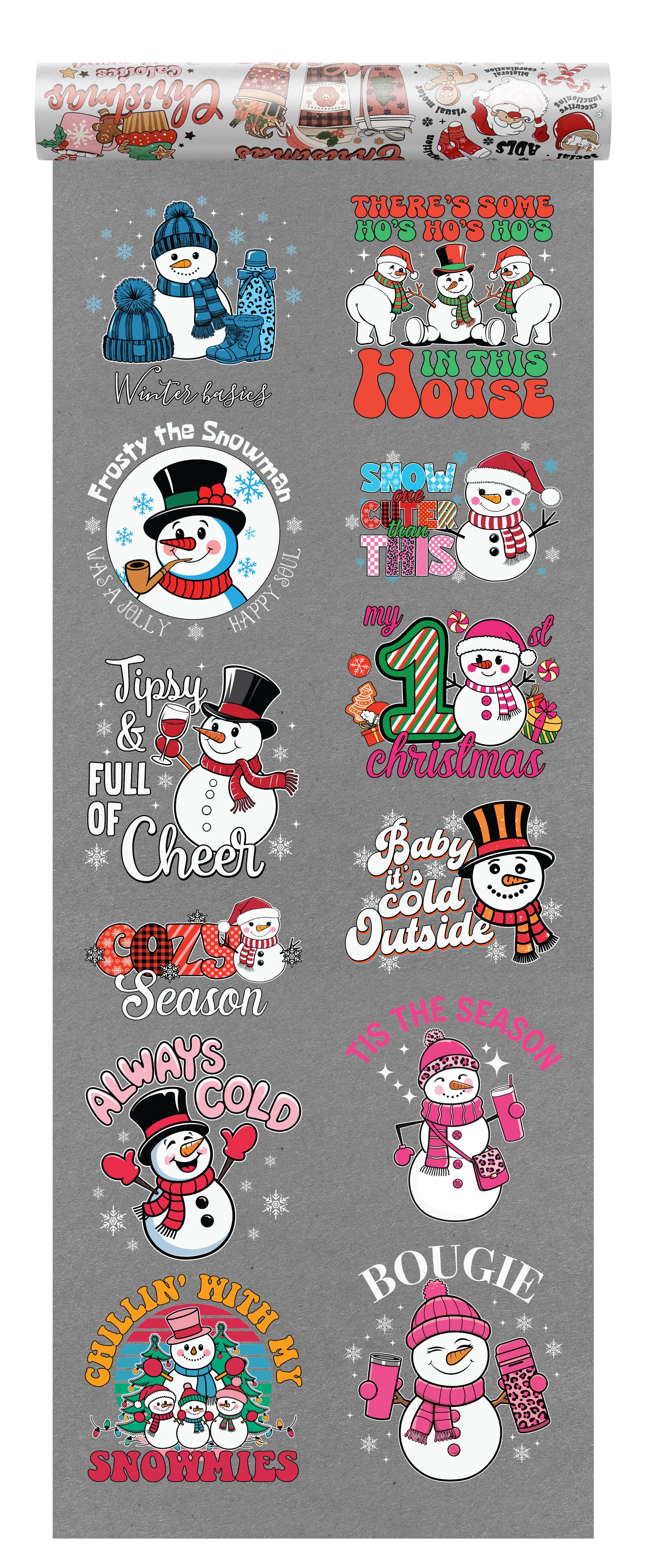 Christmas DTF transfer bundle featuring 10 festive snowman designs including Tipsy & Full of Cheer, Chillin’ With My Snowmies, and Baby It’s Cold Outside, ideal for holiday apparel printing.
