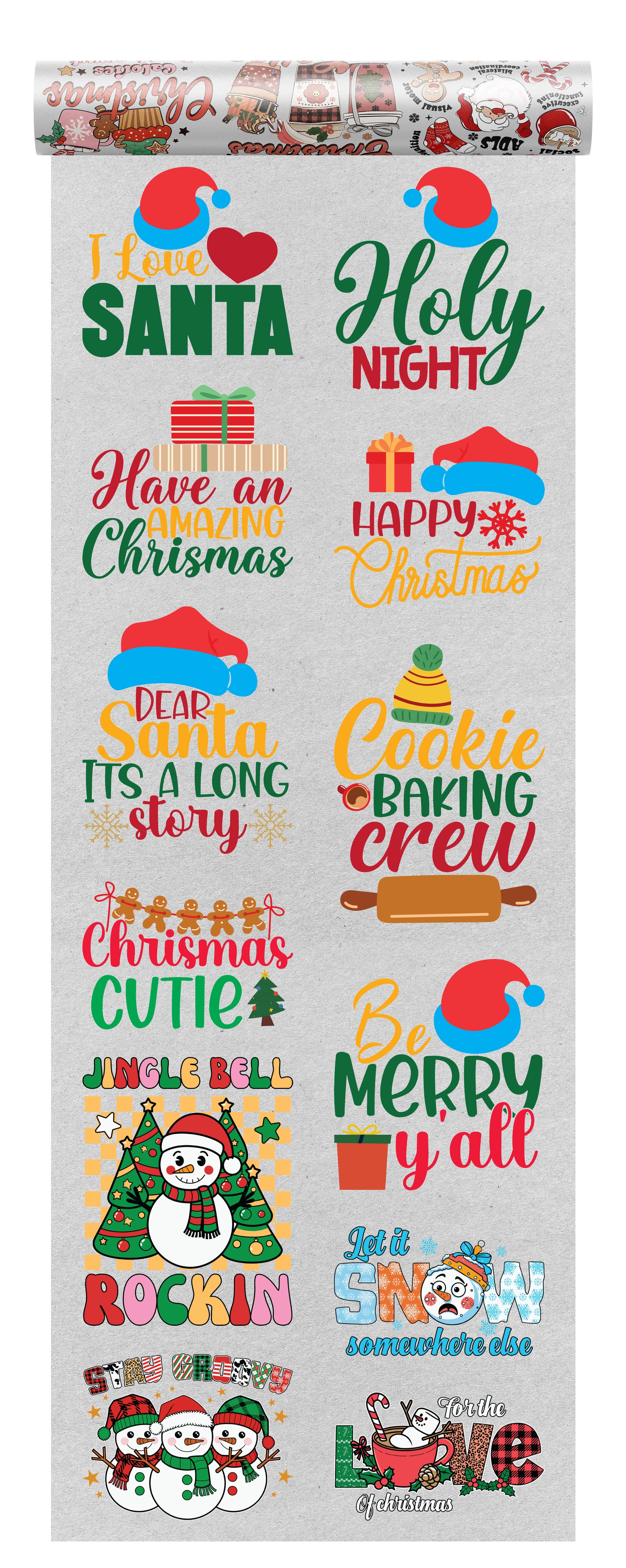 Christmas DTF transfer bundle with 10 holiday designs featuring Santa hats, gifts, gingerbread cookies, and festive text like “I Love Santa” and “Cookie Baking Crew,” perfect for seasonal apparel.
