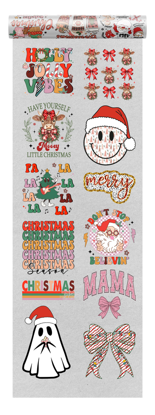 Chrristmas DTF transfers bundle with 10 designs on a transparent background, ideal for seasonal apparel.