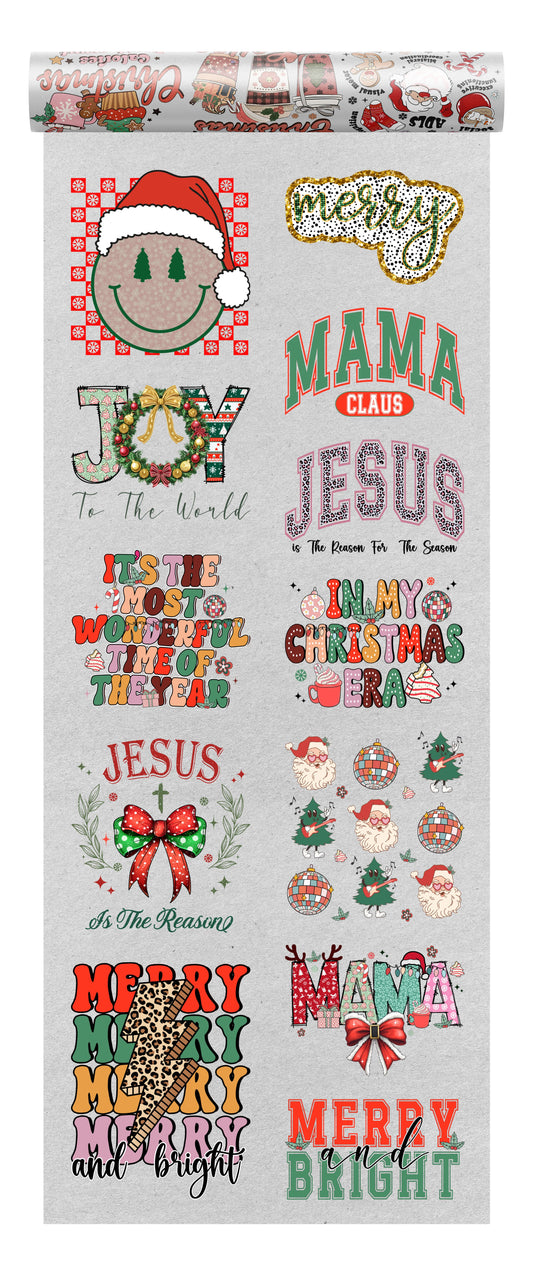 Chrristmas DTF transfers bundle with 10 designs on a transparent background, ideal for seasonal apparel.