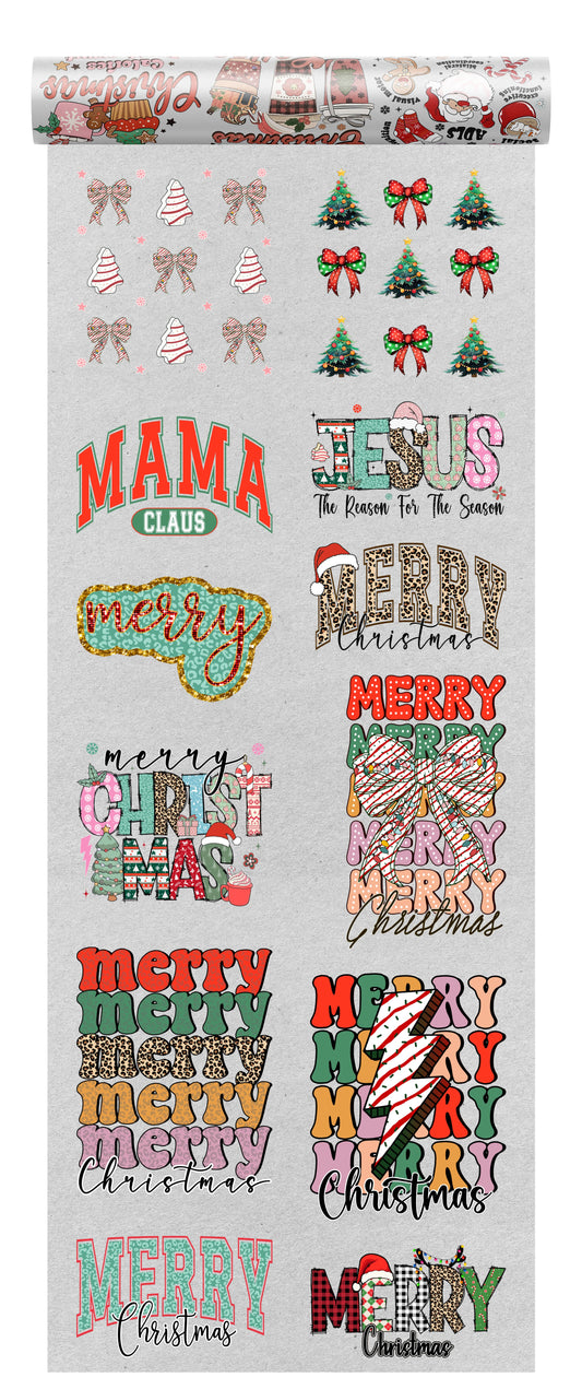 Chrristmas DTF transfers bundle with 10 designs on a transparent background, ideal for seasonal apparel.