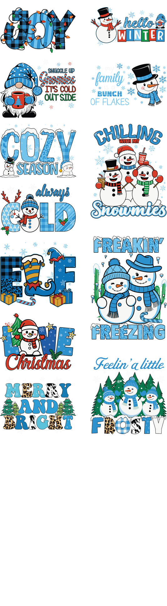 Christmas DTF transfer bundle with 10 cozy designs including JOY, Hello Winter, Cozy Season, Snowmies, and Feelin’ a Little Frosty featuring snowmen, gnomes, and plaid details — ideal for winter apparel printing.