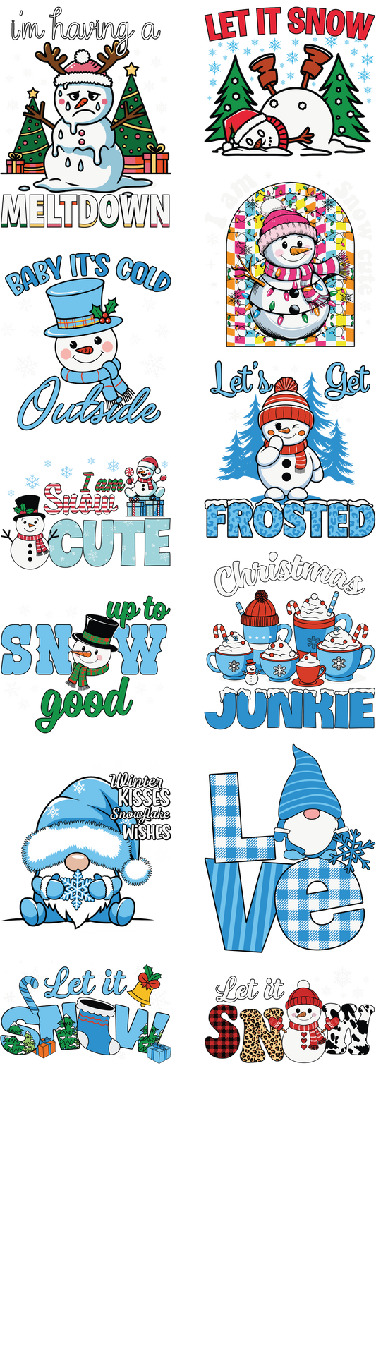 Christmas DTF transfer bundle with 10 festive winter designs featuring snowmen, gnomes, hot cocoa mugs, and Let It Snow text on a transparent background, ideal for seasonal apparel.