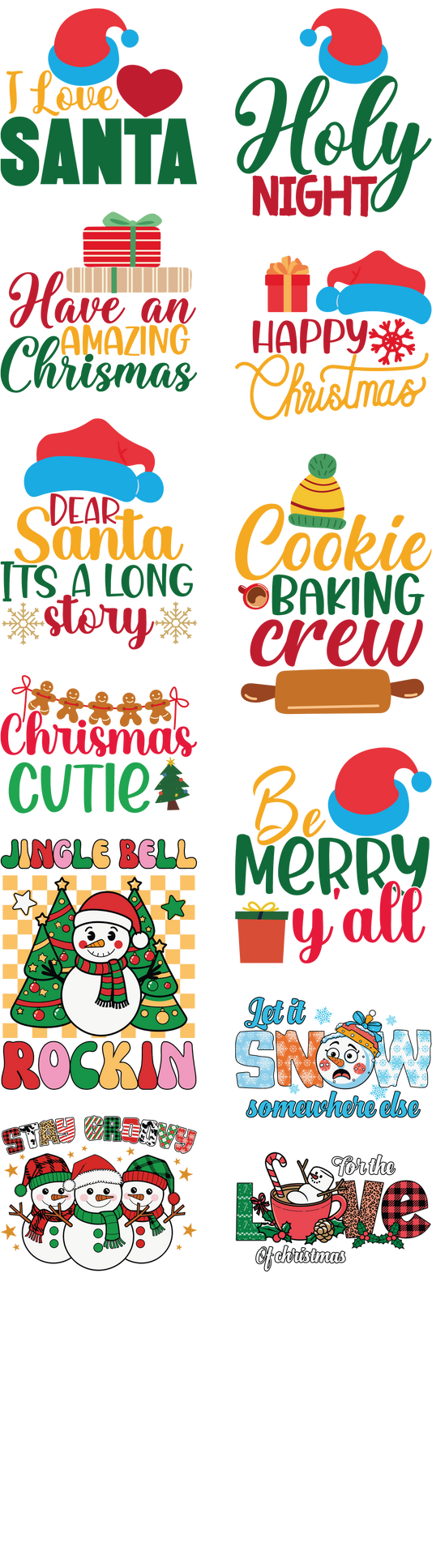 Christmas DTF transfer bundle with 10 holiday designs featuring Santa hats, gifts, gingerbread cookies, and festive text like “I Love Santa” and “Cookie Baking Crew,” perfect for seasonal apparel.
