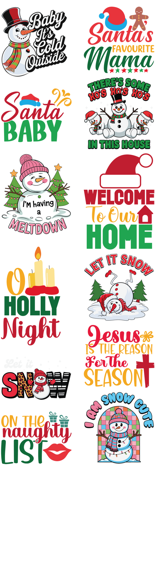 Christmas DTF transfer bundle with 10 festive designs featuring snowmen, Santa hats, and Christmas quotes like Baby It’s Cold Outside, Santa Baby, and Jesus Is the Reason for the Season, ideal for holiday apparel printing.